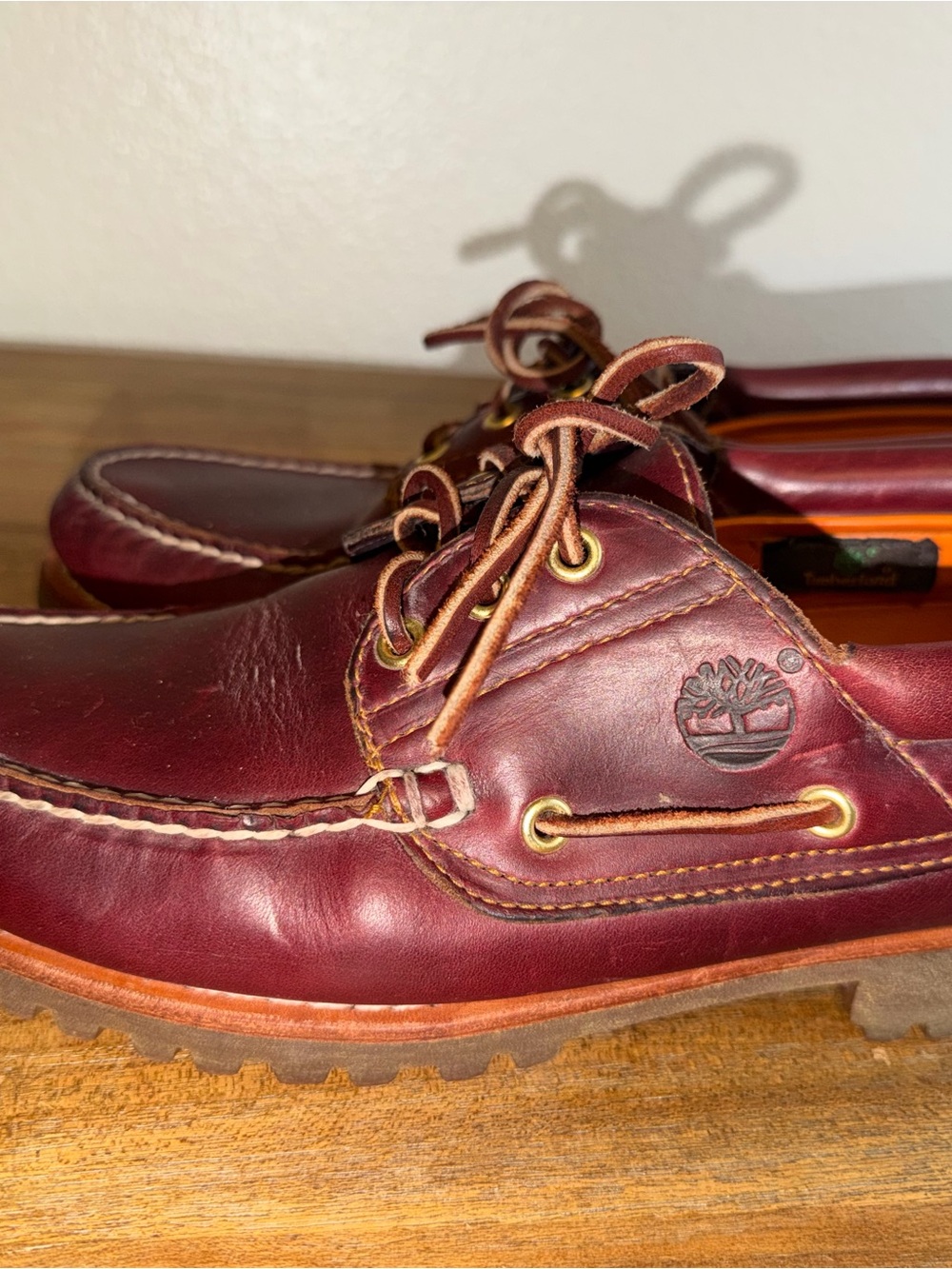 Timberland Men's Burgundy Leather Boat Shoes with Orange Insoles - Picture 3 of 8